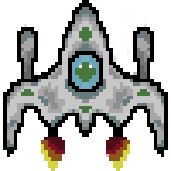 The spaseship of the hero. He's mainly grey with green spot. You can see the hero throught the hub.